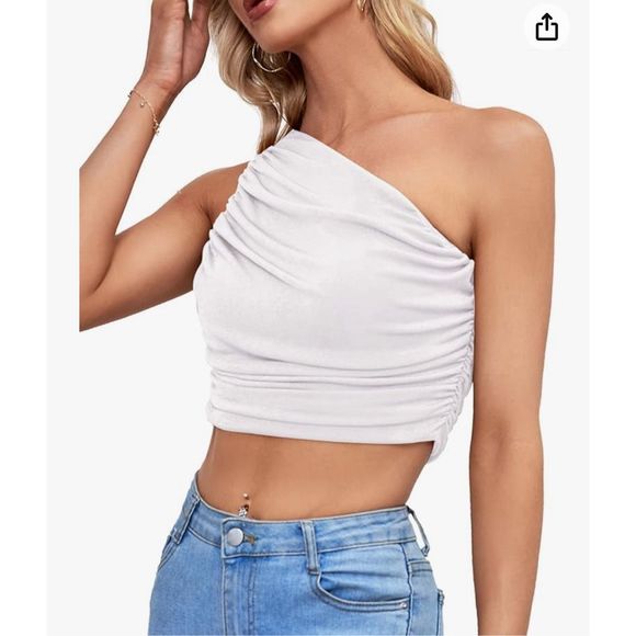 White Ruched One Shoulder Sleeveless Crop Top Strappy Cami Tank Size Medium - Picture 3 of 5